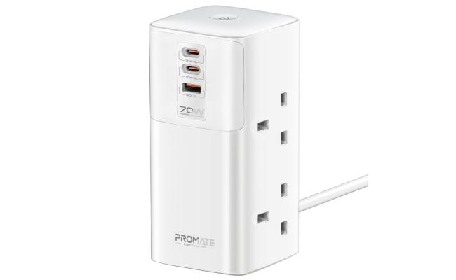 Promate Power Tower 70W multi-port Charging Station dual PD70W USB-C ports, a 30W QC 3.0 port and four universal 2500W Charging Station with Quad AC Sockets